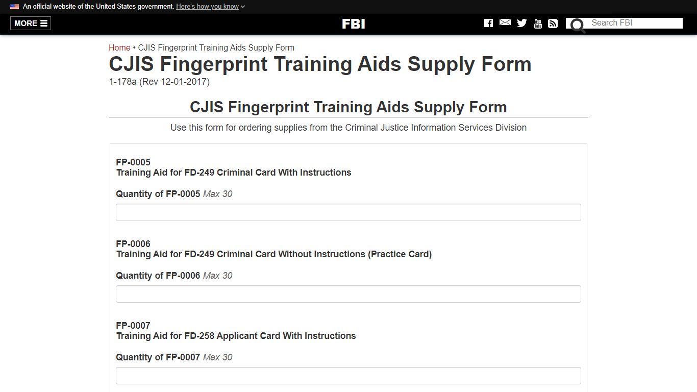 CJIS Fingerprint Training Aids Supply Form - FBI