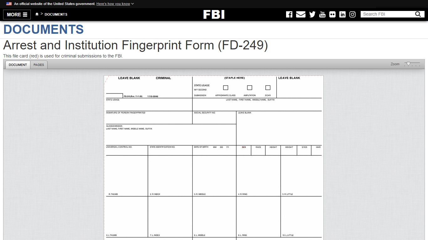 Arrest and Institution Fingerprint Form (FD-249) — FBI